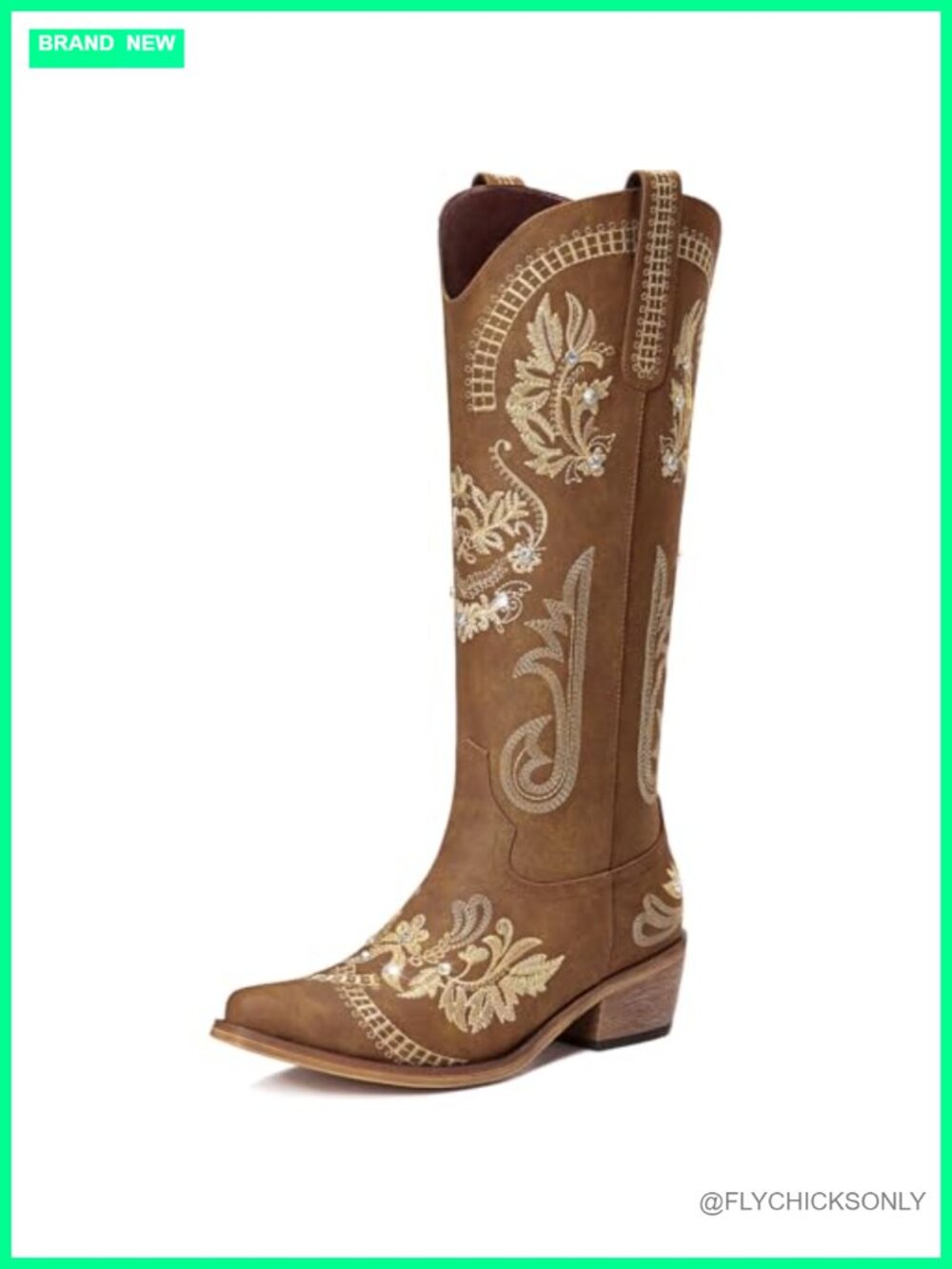 Women's Knee High Western Cowboy Boots Faux Leather Pointed Toe Rhinestone